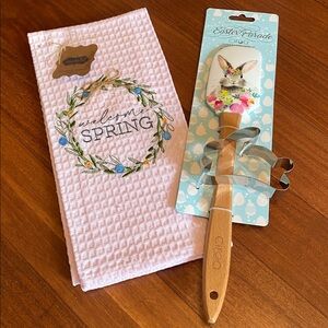 NWT Mud Pie Pink Embroidered Spring Tea Dish Towel, Spatula & Cookie Cutter